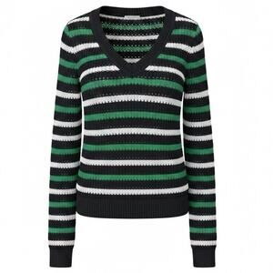 White House Black Market Large Open Knit V Neck Sweater Navy Green White  Preppy